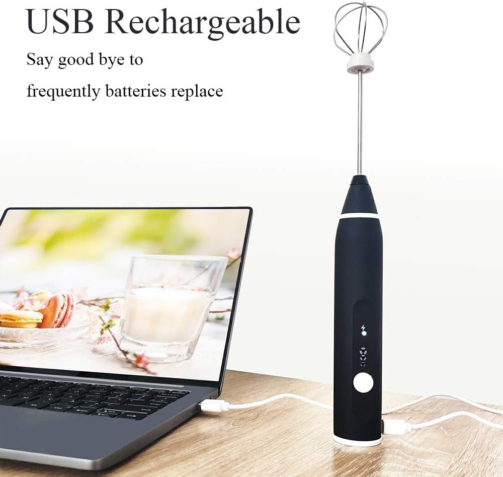 Rechargeable Foam Maker with Double Whisk, RIJAHO Upgraded 3 Speeds Frother Handheld for Milk Coffee, Latte, Matcha