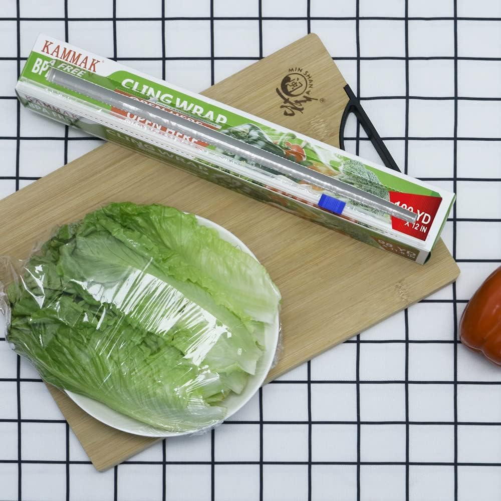 KAMMAK Plastic Wrap, Food Wrap with Slide Cutter, Cling Wrap 12 inch Food Service Clear Cling Film 2 Pack 300 Square FT Roll BPA-Free Microwave-Safe Kitchen Wrap Quick Cut Plastic Film