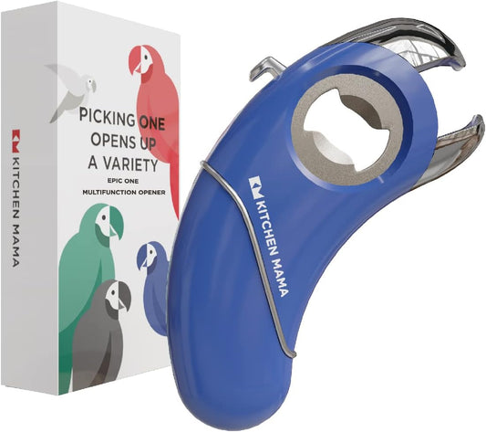 Kitchen Mama Epic One Multifunction Opener: Magnetic Bottle Opener, Beer Soda Opener, Effortless Jar Lid Opener for Seniors and Elderly with weak Hands and Arthritis, Essential Kitchen Gadget (Blue)