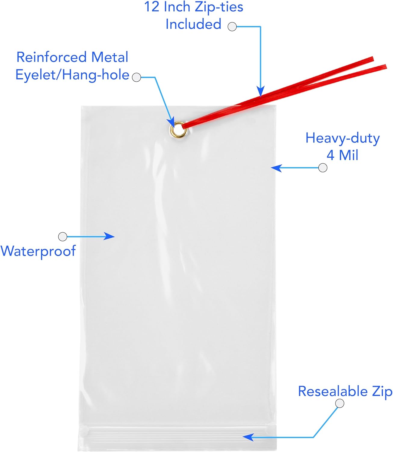GPI - 10" x 13" Reclosable Zip Bags with Bottom Hang-hole & Pre-inserted 12" Twist-tie. 4 Mil Heavy-duty Resealable Zipper Baggy with Grommet/Metal Eyelet for Hanging (Insert Size 10x11.5) 500 Pack