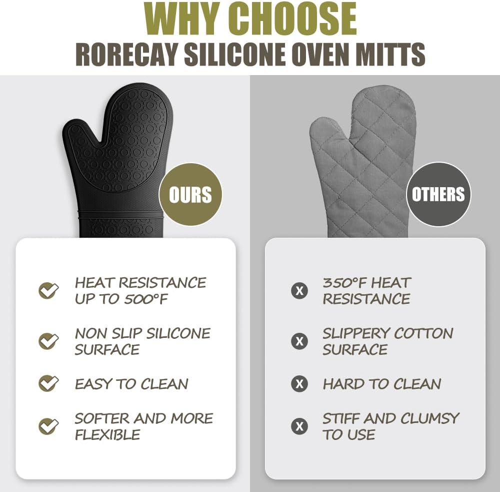Rorecay 6pcs Oven Mitts and Pot Holders Sets Heat Resistant 500 Degrees, Extra Long and Non-Slip Silicone Oven Gloves Potholders Hot Pads for Kitchen Baking Cooking, Quilted Liner, Black