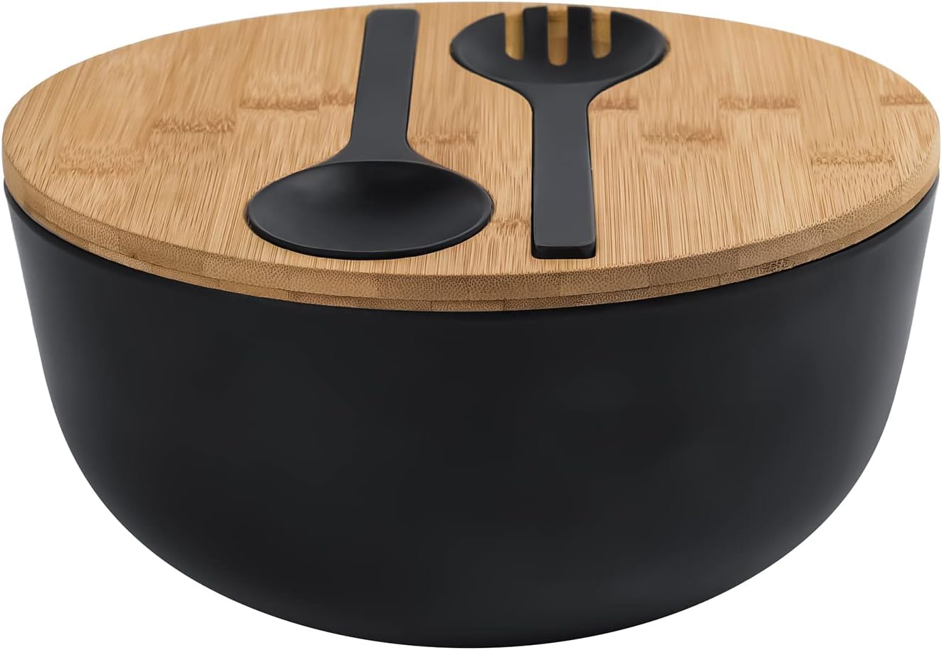 Bamboo Fiber Salad Bowl with Servers Set Large 9.8inches Nature Bamboo Mixing Bowl with Servers with Lid Spoon and Fork for Fruits,Salads and Vegetables