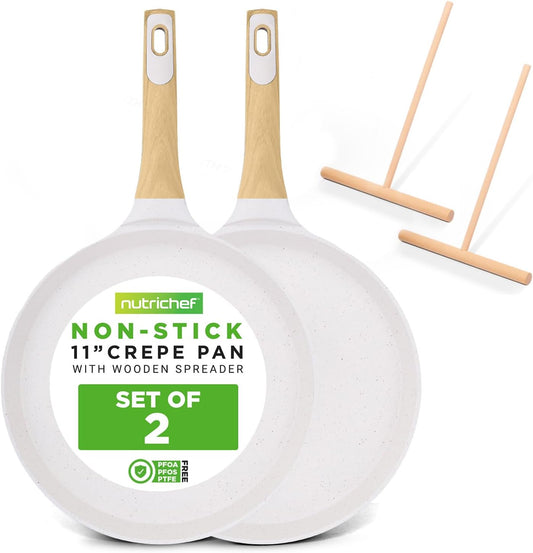 Nutrichef 2-Pack Non-Stick Crepe Pan Set – 11” Marble Coated Dosa Pans with Wooden Spreaders, Bakelite and Wood Handles, Induction-Compatible, Easy-to-Clean, Stain-Resistant, White Cream Marble
