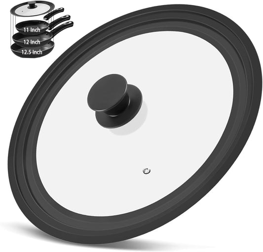 Universal Lid for Pots, Pans and Skillets, Tempered Glass Lid fit 11", 12", 12.5" Skillets, Pots, Frying Pans, Cast Iron, Crock Pot and Other Glass Covers Replacement