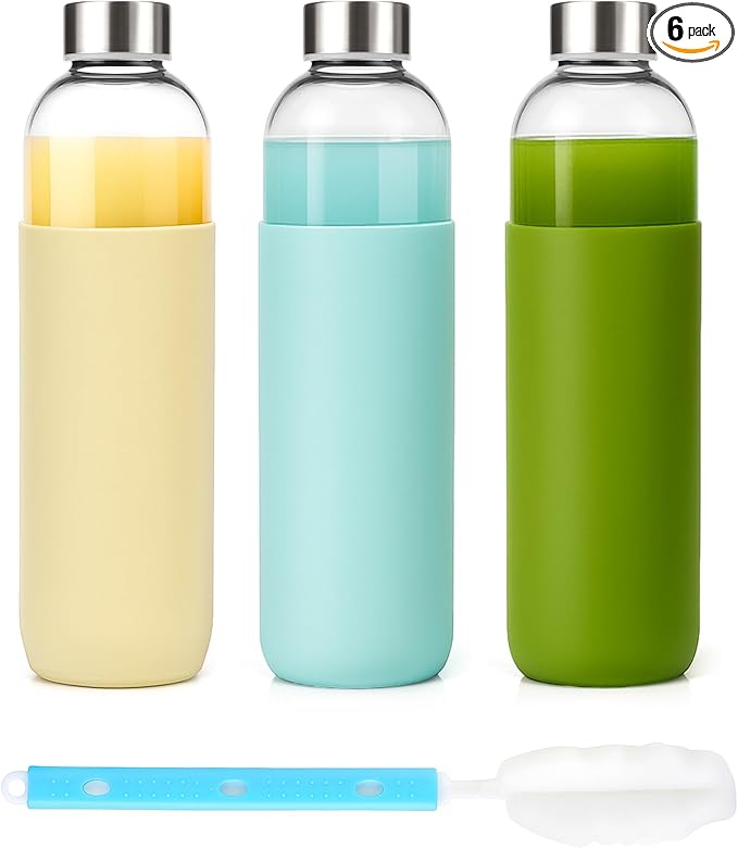 32 oz Glass Juice Bottles with Lids and Silicone Sleeve, Reusable Refillable Water Bottles for Juicing, Refrigerator,100% Leak Proof, BPA Free, Clear Glass Set of 3