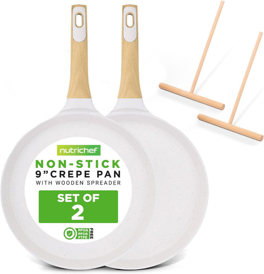 Nutrichef 2-Pack Non-Stick Crepe Pan Set, 9.4" Marble Coated Dosa Pans with Wooden Spreaders, Bakelite and Wood Handles, Induction-Compatible, Dishwasher Safe, Even Heat Distribution, White Cream