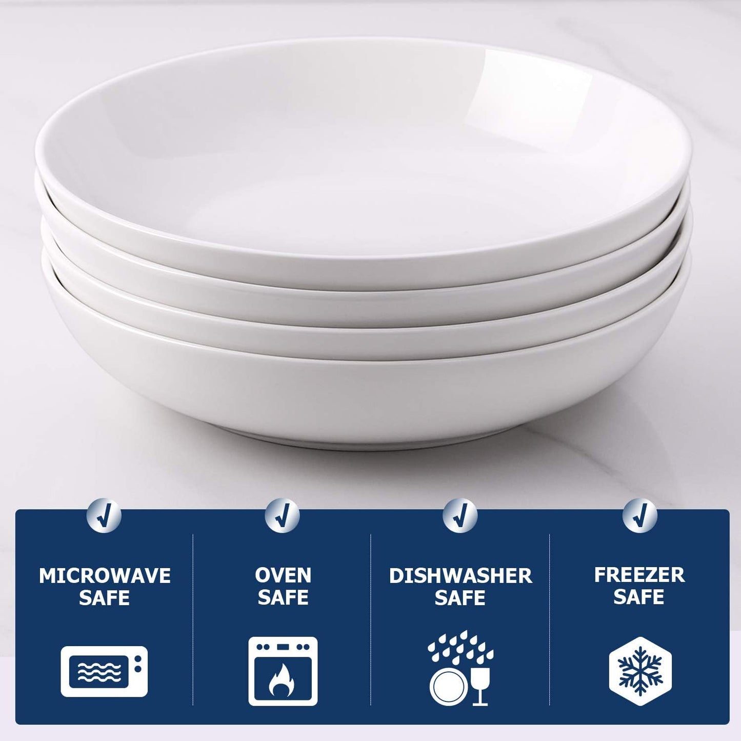 DOWAN 9.75" Pasta Bowls Set of 4, Large Shallow White Ceramic Salad Bowls, 50oz Wide Dinner Bowls for Pasta, Soup, Salad & Stew, Microwave & Dishwasher Safe, Housewarming Gift