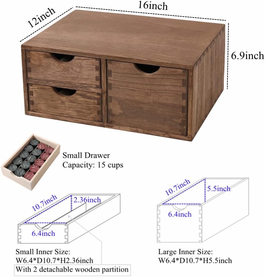 Coffee Pods Storage Drawer Holder for Capsules - Multi Functional Desk Organizer Drawers For K-Cup Coffee Maker Brew - Kitchen Mini Wooden Box Chest Sideboard Counter Organization CF2D3C Dark