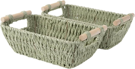 StorageWorks Round Paper Rope Woven Basket with Wooden Handles for Gifts, Small Woven Baskets for Bathroom, Bosana Green, 2-Pack