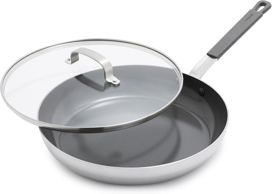 GreenPan x Bobby Flay Stainless Steel 12” Frying Pan Skillet & Glass Lid, Professional Grade Tri-Ply, Multiclad, PFAS-Free Ceramic Nonstick, Induction Suitable, Dishwasher & Oven Safe,Stay Cool Handle