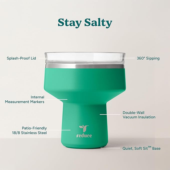 REDUCE Saltini 16 oz Cocktail Tumbler - Insulated Margarita Tumbler with Lid - Keeps Drinks Cold for 10 Hours - 360 Sippable Martini Glass Alternative - Shatterproof, Perfect for Parties - Palm Leaf