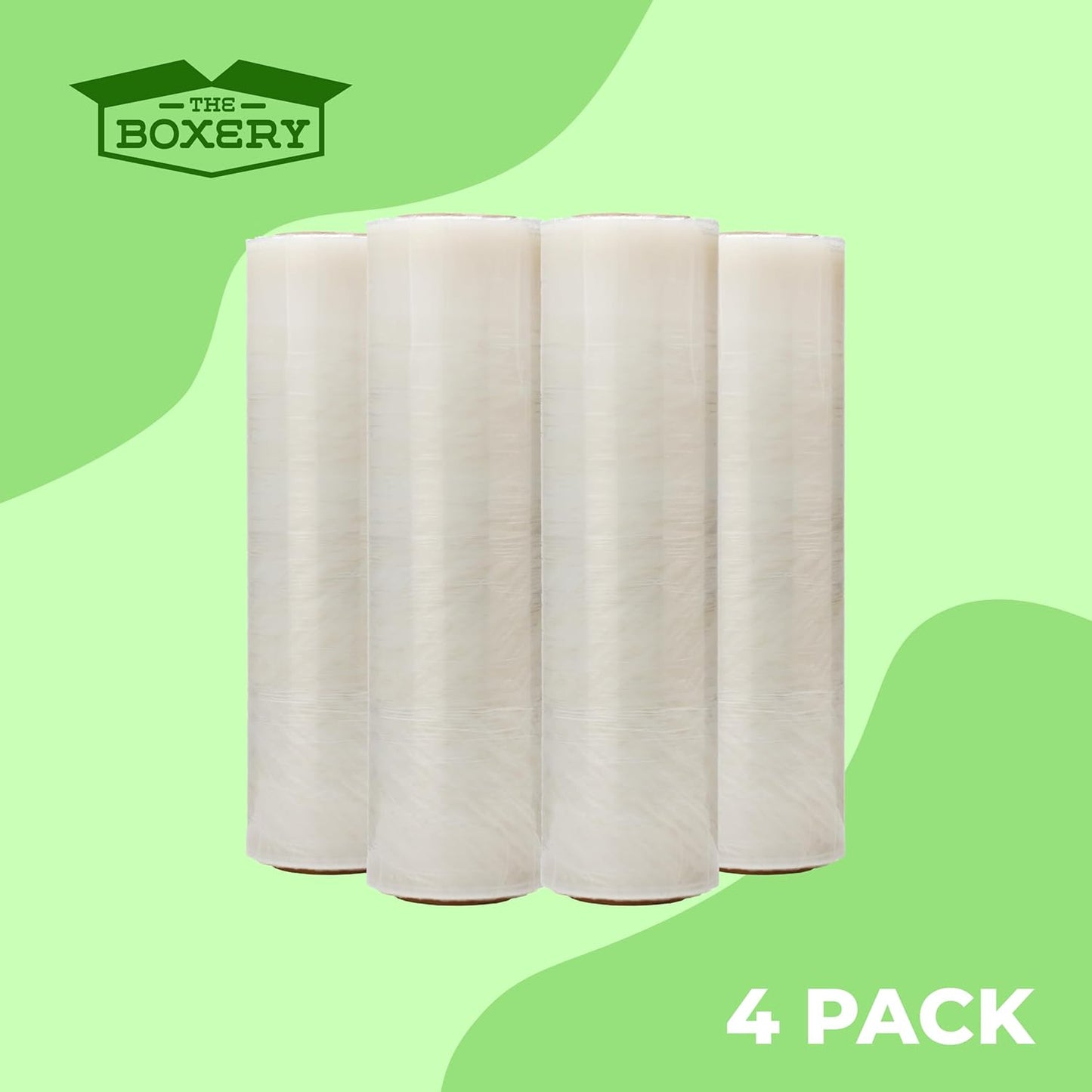 The Boxery- 18''X1500' Per Roll Stretch Wrap-4 Rolls/6000 Feet Total (90 Gauge) Extra Heavy Duty, Stretch Wrap Film Clear Cling Plastic for Shipping, Moving and Packaging