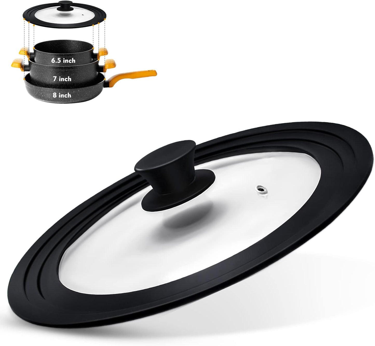 Universal Lid for Pots, Pans and Skillets, Pot Lid With Heat Resistant Silicone Rim and Tempered Glass,Fits 6.5", 7", 8" Diameter Pots and Pans
