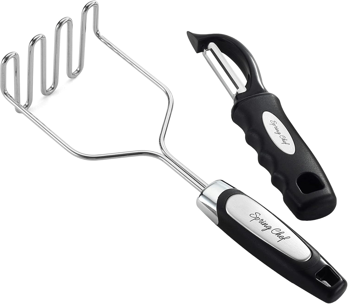 Spring Chef Stainless Steel Potato Masher with Premium Vegetable Peeler, Mashed Potato Masher - Kitchen Tool with Soft Non-slip Handle, Metal Food Masher for Fruit, Avocado, Bean, Guacamole, Banana