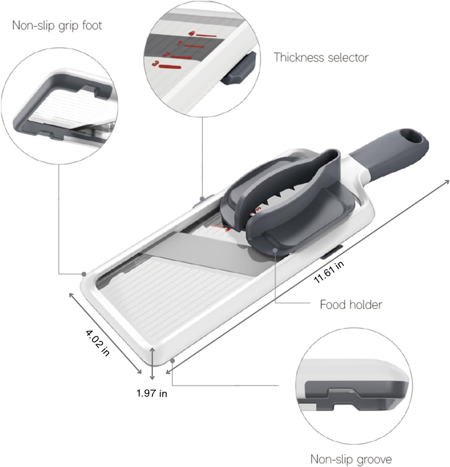 Multi Handheld Mandoline Slicer - Adjustable Stainless Steel Blade, Comfort Grip, Safety Features, Easy to Clean, Ideal for Speedy Slicing of Fruits and Vegetables (Gray)