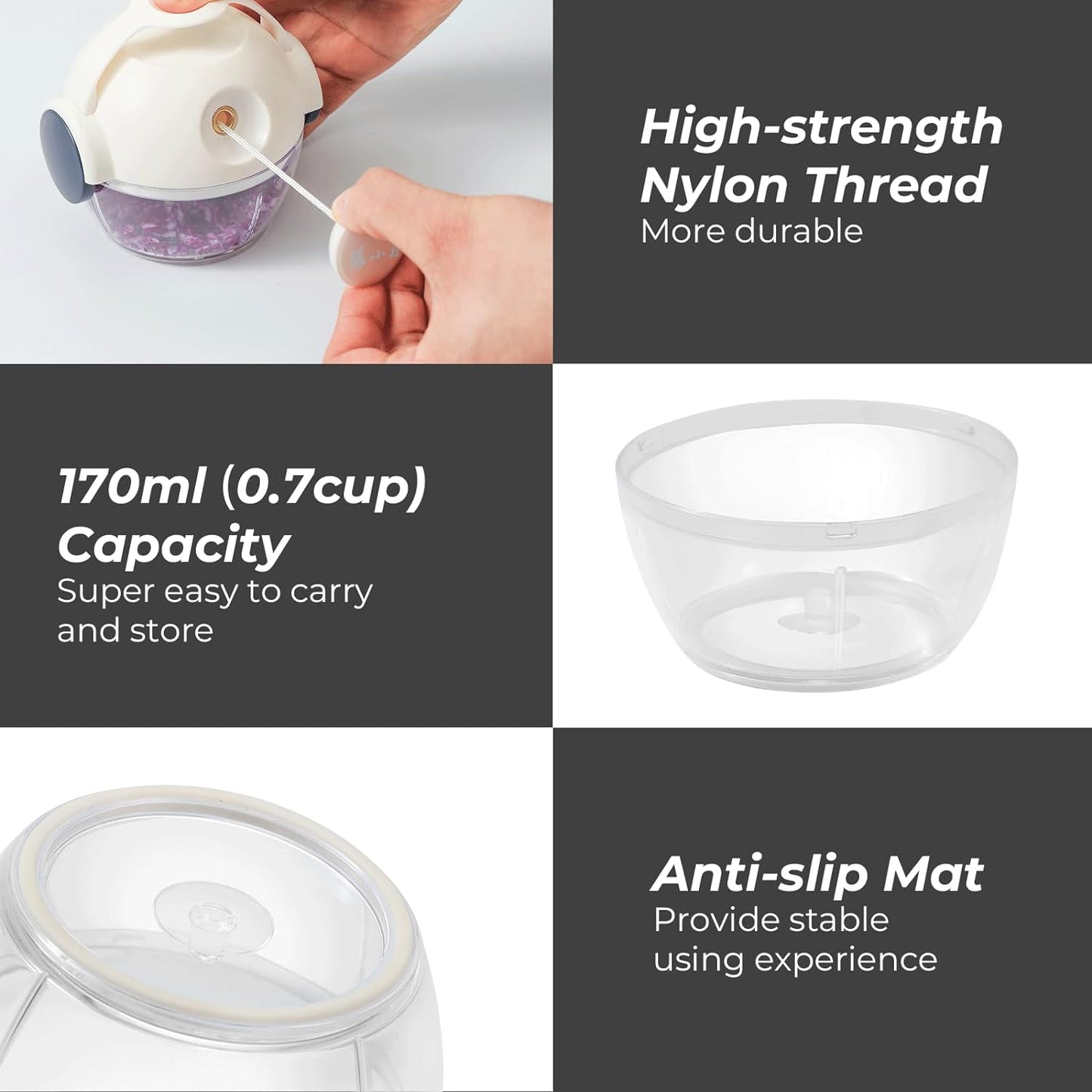 ZHANG XIAO QUAN SINCE 1628 Mini Manual Food Chopper Hand Pull String Vegetable Cutter Onions Garlic Chopper Portable Mincer for Garlic Ginger Herbs Nuts Durable Kitchen Food Processor 0.7 Cup(170ml)