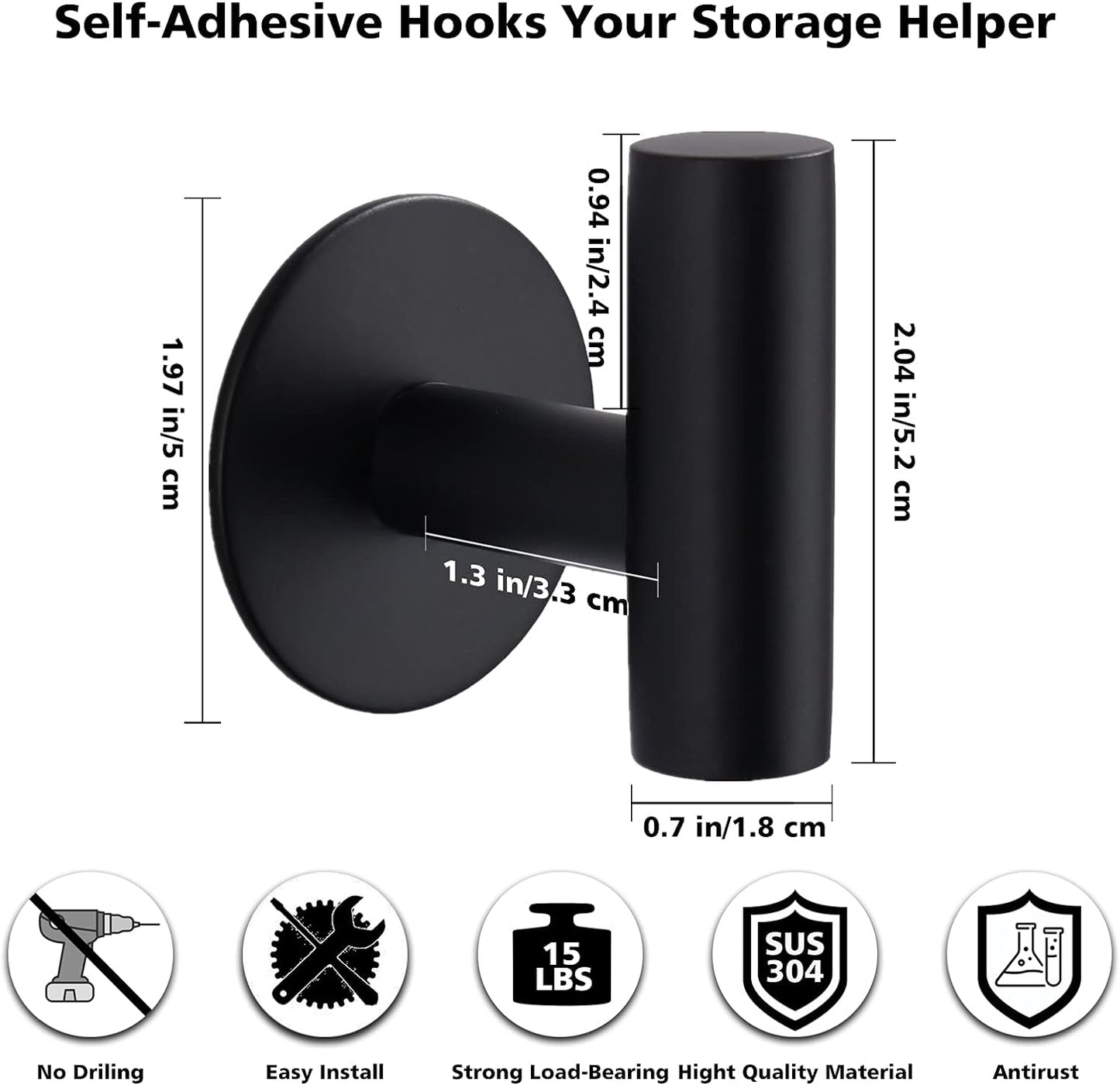 Adhesive Towel Hooks, Heavy Duty Wall Hooks Stainless Steel Waterproof Shower Towel Hooks, Coat Hook for Hanging Clothes, Adhesive Hooks for Bathroom, Glass Window- 4 Pack, Black