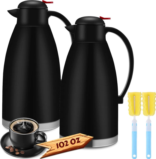 Nuogo 2 Pcs 102 oz Thermal Coffee Carafe Insulated Stainless Steel Carafe Double Walled Vacuum Coffee Thermal Pot with Brush for Home Office Use Keep 24 Hours Hot Water Tea(Black)