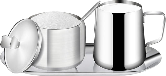 Stainless Steel Sugar and Creamer Set, Coffee Sets for Serving, Latte Milk Cup Cream Jug and Sugar Bowl with Lid Spoon Tray for Coffee Bar