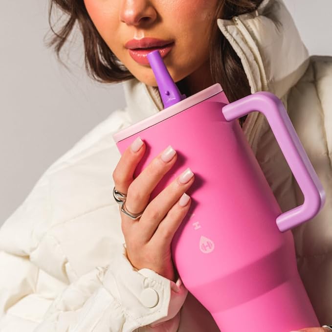 HydroJug Traveler - 32 oz Water Bottle with Handle & Flip Straw - Fits in Cup Holder, Leak Resistant Tumbler-Reusable Insulated Stainless Steel & Rubber Base - Gifts for Women & Men, Pink Sugar