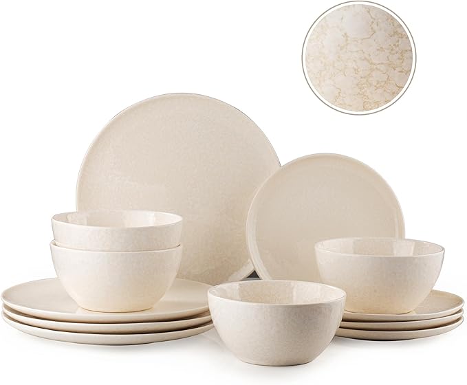 Plates and Bowls Sets,12 Pieces Beige Dinnerware Sets for Kitchen, Reactive Glaze Dishes Set for 4, Dishwasher and Microwave Safe, Series Starflecked Shore (Beige)