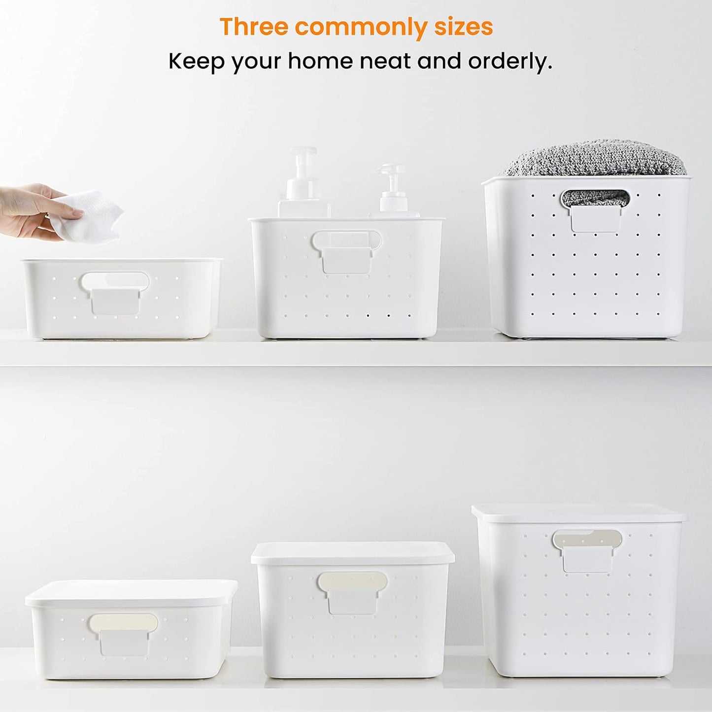 vacane Large White Storage Baskets with Snap Lid, Extremely Durable, Storage Baskets for Organizing Stackable Storage Box with Handle for Playroom Classroom Closet Office, 14 x 10 x 8 inch