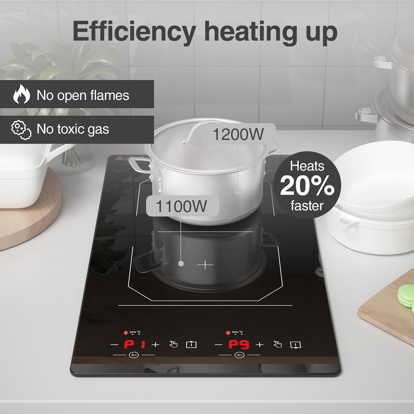 Double Induction Cooktop 2 Burner: 12 Inch 110v Built-in & Portable Electric Stove Top - 2300W Electric Cooktop with 9 Temp Settings, Countertop Cooktop for RV, Camping, Travel