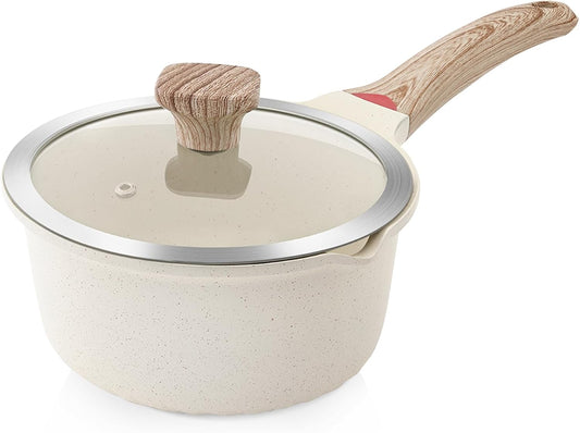 VINCHEF Nonstick Saucepan with Lid, 3QT Sauce Pan with Stay Cool Handle, Non Stick Small Cooking Pots Induction pot, Dishwasher Safe, Compatible for All Stove Top, PFAS and PFOA Free White