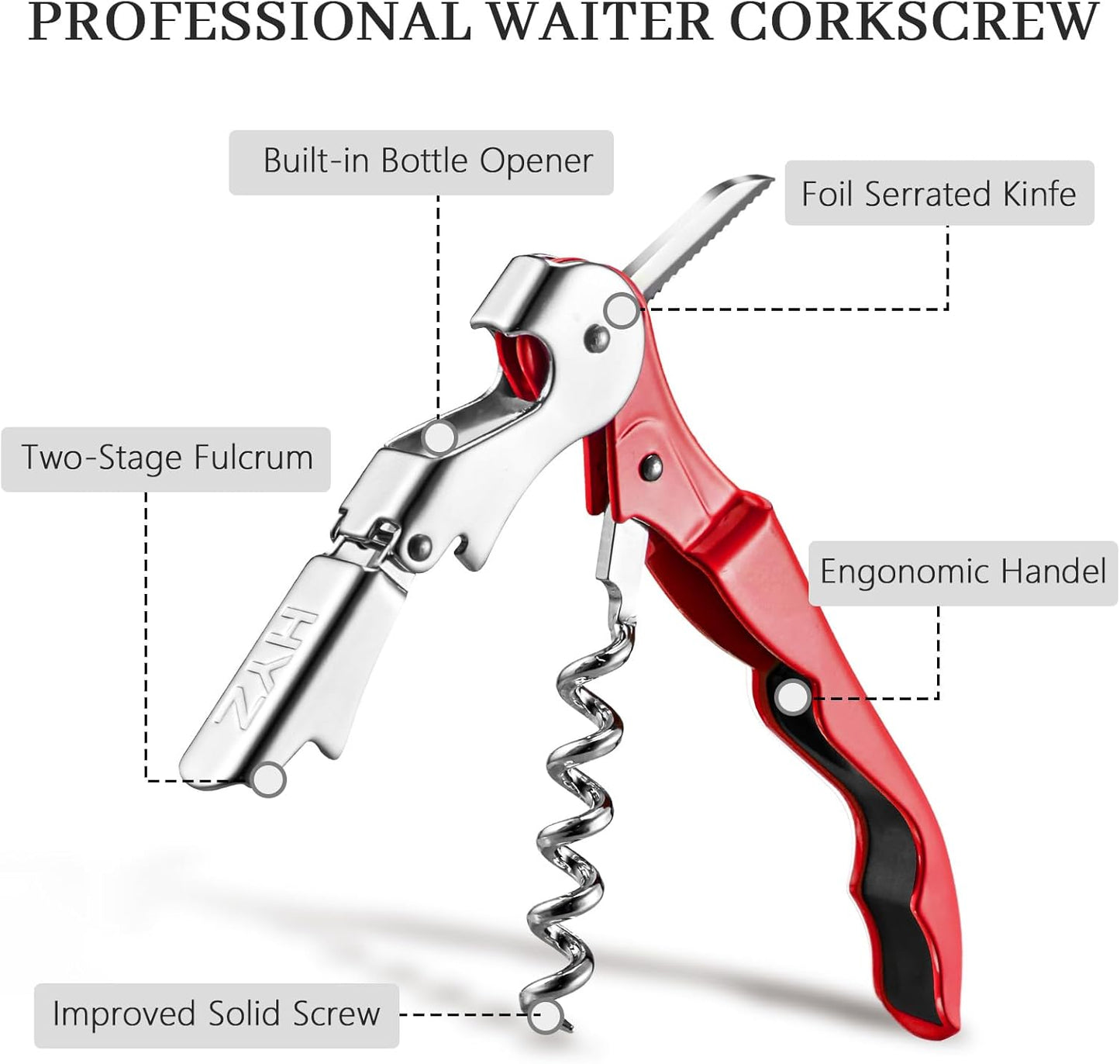 HYZ 2-Pack Wine Opener Waiter Corkscrew, Professional Wine Key for Servers, Bartender with Foil Cutter, Manual Wine Bottle Opener Double Hinged (Red)