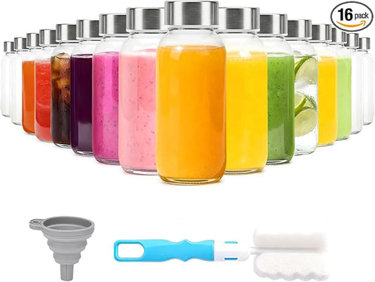 8 oz Glass Water Bottles with Lids, 16 Pack Small Glass Juice Bottles with Stainless Steel Caps & Funnel, Leak-Proof Containers for Juicing, Milk, Ginger Shots, Smoothies, Wellness Drinks