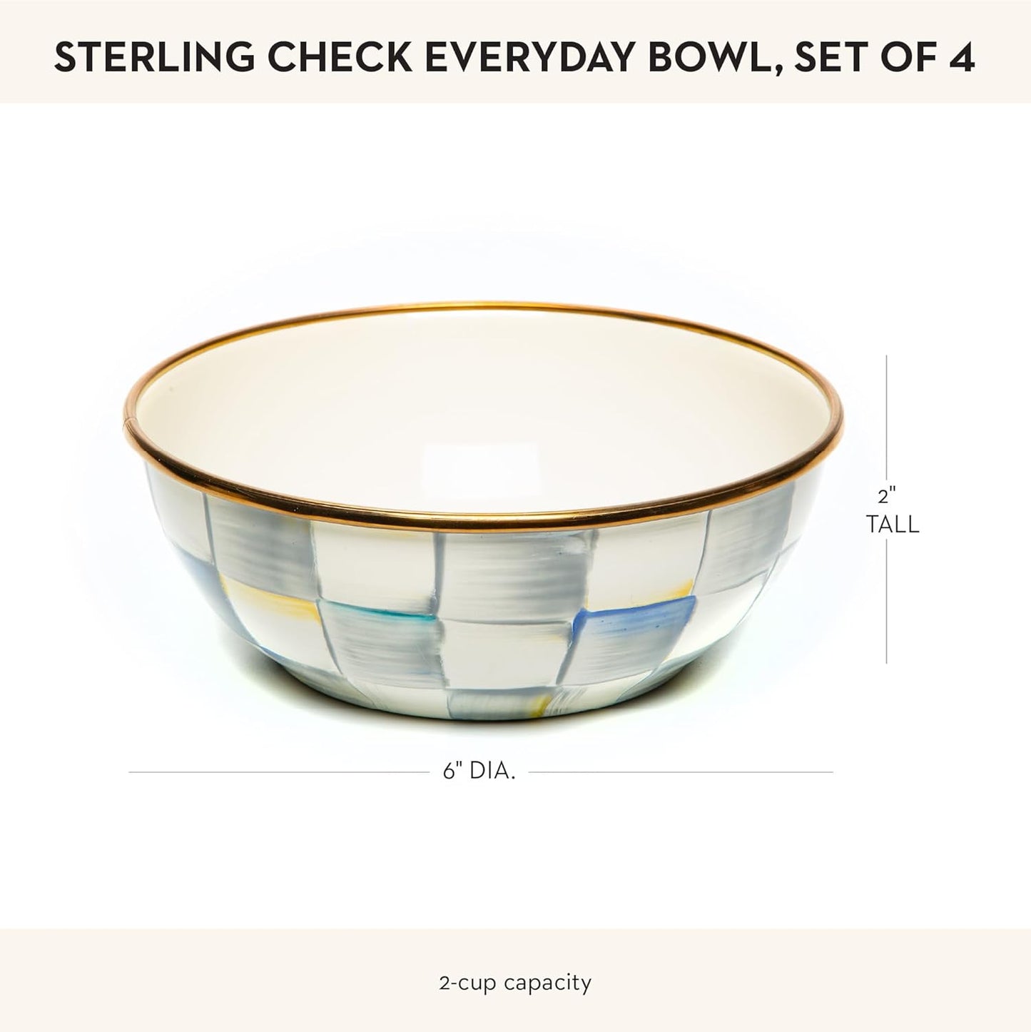MACKENZIE-CHILDS Enamel Everyday Bowl, Serving Bowl for Entertaining, Extra-Small, Gray-and-White Sterling Check, Set of 4