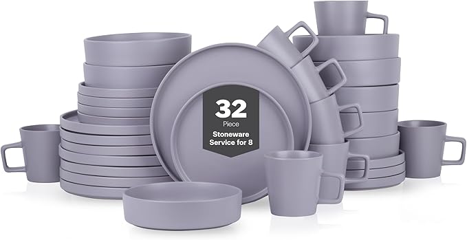 Stone Lain Cleo Stoneware 32-piece Round Dinnerware Set, Light Gray,Service For 8,Coupe - Celina