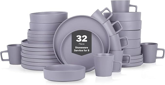 Stone Lain Cleo Stoneware 32-piece Round Dinnerware Set, Light Gray,Service For 8,Coupe - Celina