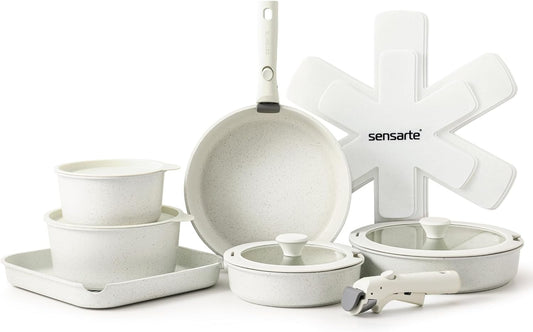 SENSARTE 17 Piece Pots and Pans Set, Nonstick Detachable Handle Cookware Set, Induction Kitchen Cookware Set with Removable Handle, Healthy Non Stick for RV, Dishwasher ＆ Oven Safe, PFOA Free (White)