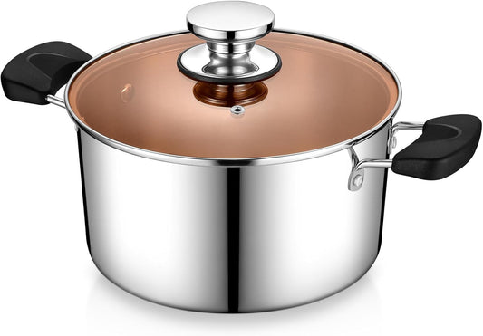 P&P CHEF Stainless Steel 3-Ply Sock Pot with Lid, Stockpot for Cooking Pasta & Stewing Soup, Fits Multi Stoves, Heat-proof Handle & Clear Lid, Heavy Duty & Dishwasher Safe, 5 Quarts