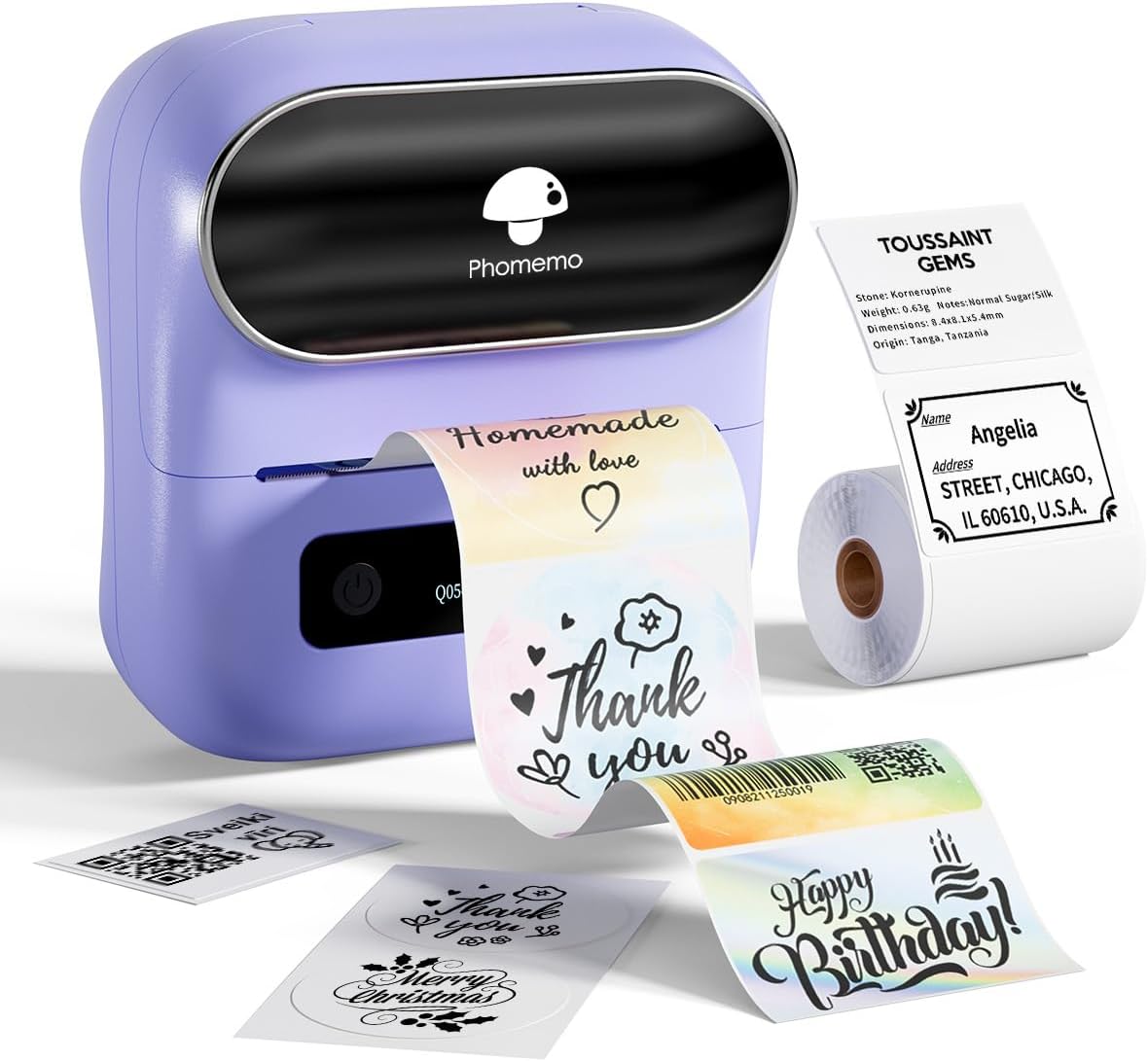 Phomemo M220 Label Maker, Bluetooth Thermal Label Maker Machine for Barcode, Address, Home, Mailing, Small Business,Clothing, Portable Wireless Printer with 1 Rolls Label, Purple
