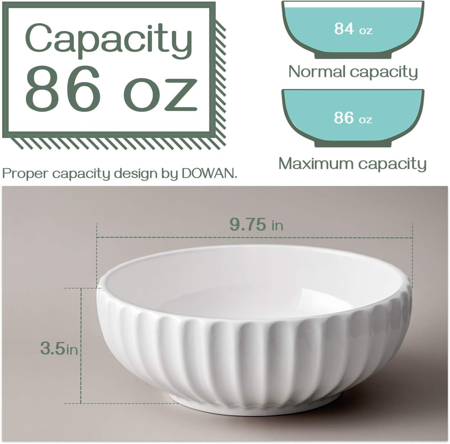 DOWAN 9.8'' Serving Bowls, 86 oz White Serving Platters, Large Ceramic Serving Dishes, Fruit Bowl, Set of 2, for Entertaining, Party, Kitchen, Dinner, Banquet, Housewarming Gift, White