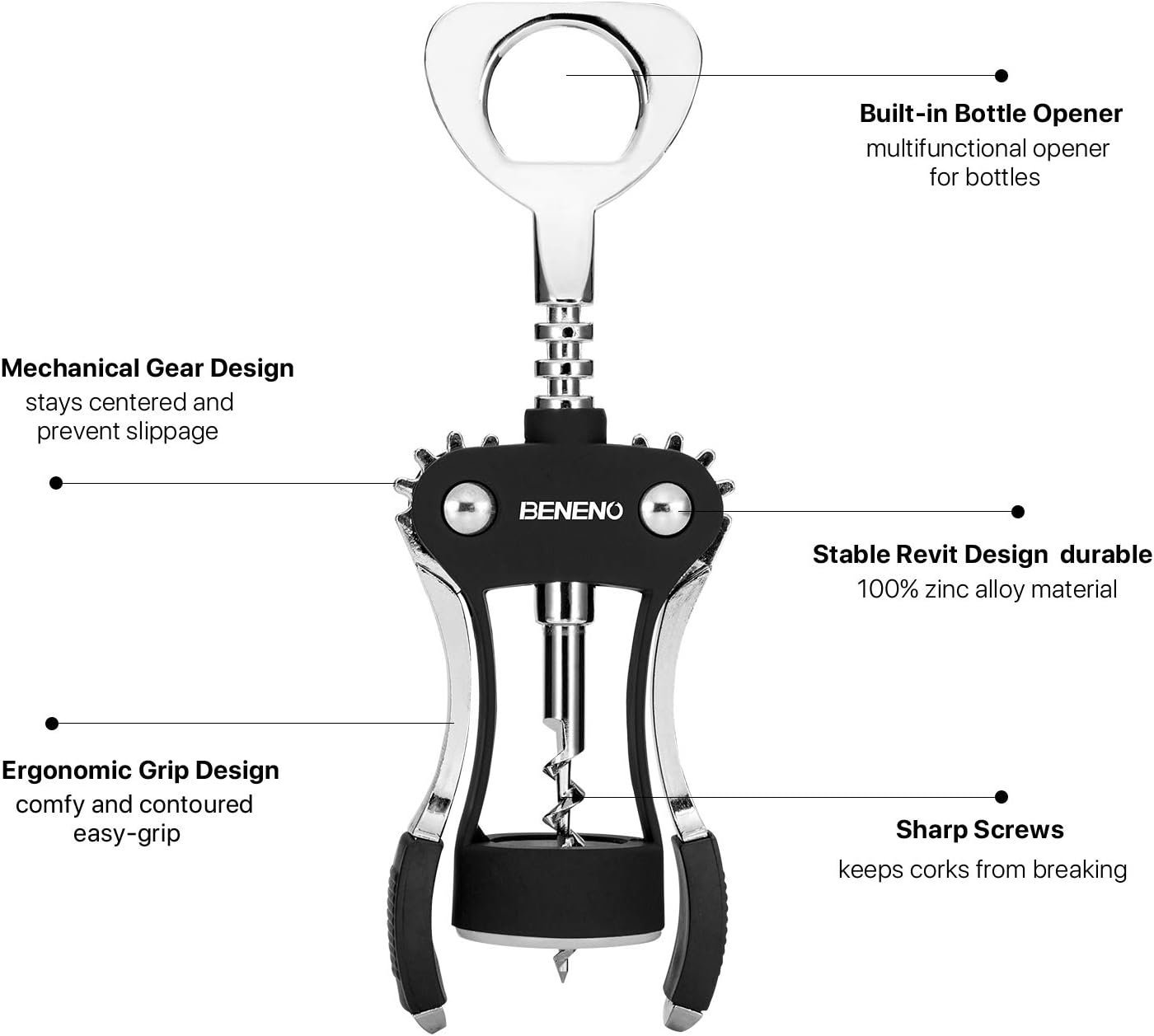 Beneno Wine Opener with Stainless Steel Wine Foil Cutter - Bottle Top Seal Cutter, Zinc Alloy Premium Wing Corkscrew with Multifunctional Bottles Opener, Upgrade Black Set