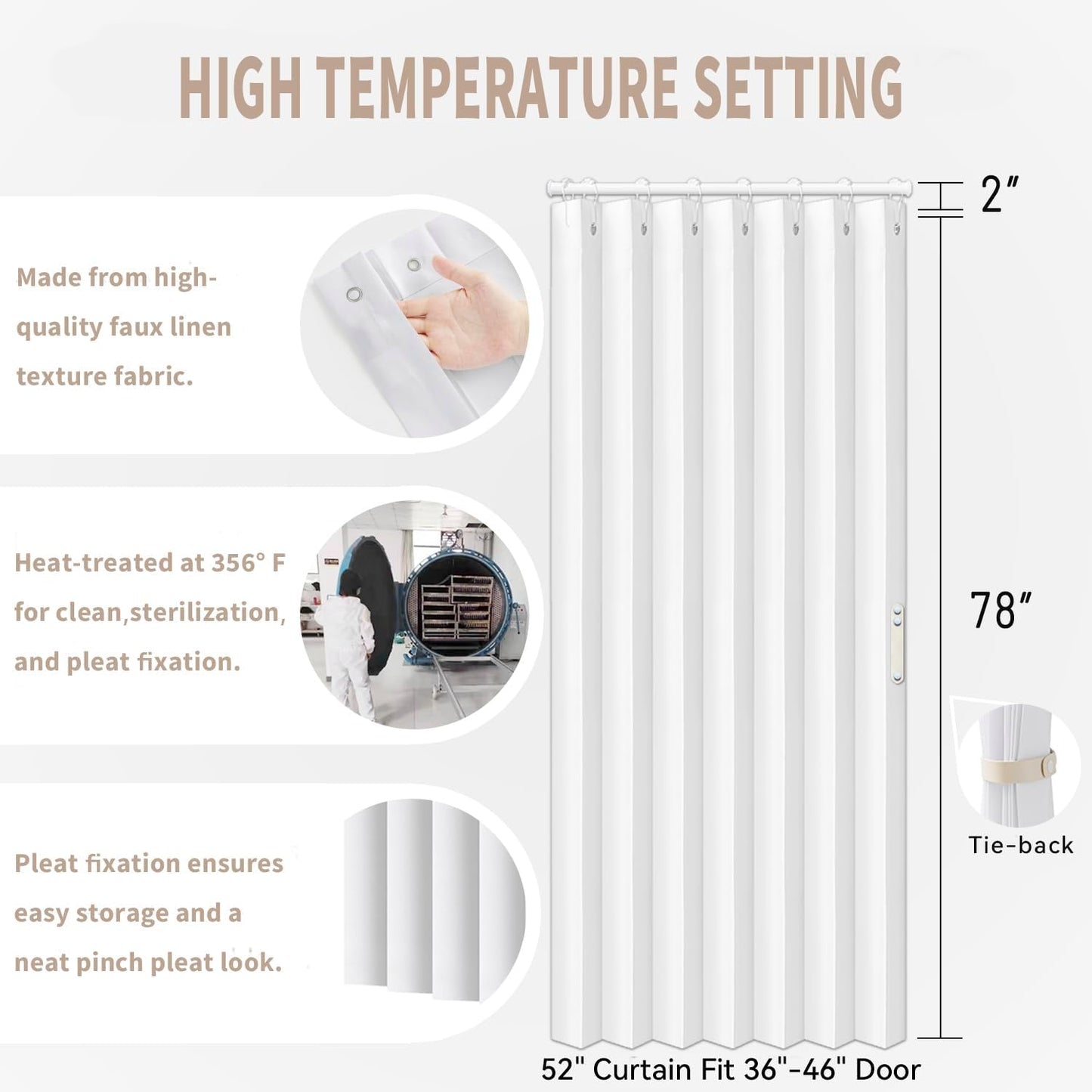 Vatge Pleated Folding Curtains for Doorway - Laundry Room Curtains for Doorway, Bedroom, and Closet Without Door, Room Divider Curtain for Closet Door, 1 Panel with Tieback, W52 x L78, White