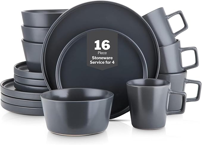 Stone Lain Coupe Stoneware Dinnerware Set, Service for 4, Gray Matte