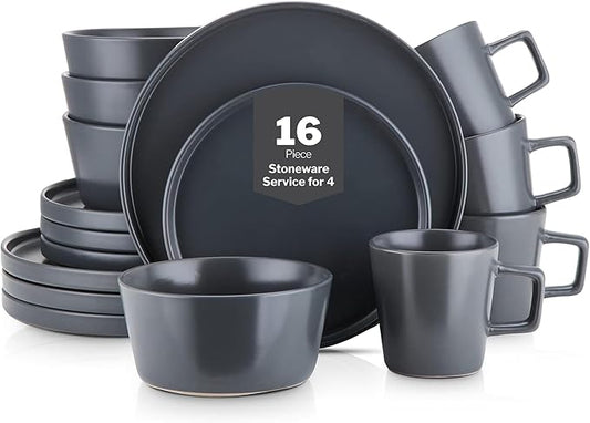 Stone Lain Coupe Stoneware Dinnerware Set, Service for 4, Gray Matte