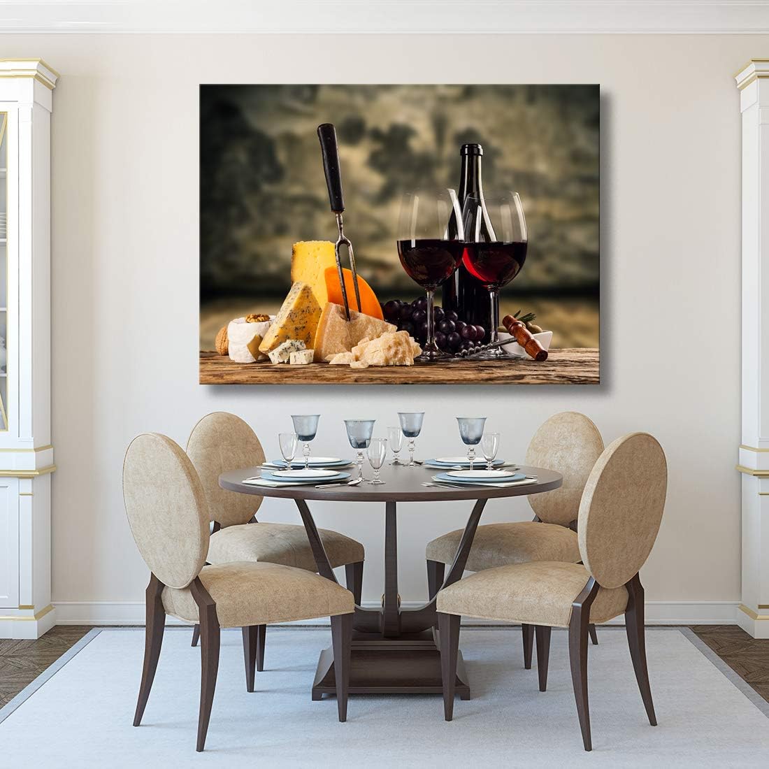 Looife Kitchen Still Life Canvas Wall Art, 40x30 Inch Gallery Wrapped Red Wine with Cheese Picture Prints Wall Decor, Food Art Deco for Dining Room and Bar Decoration