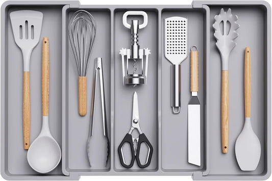 Lifewit Plastic Utensil Organizer for Kitchen Drawers, Expandable 13 to 22.4 Inches Wide, Adjustable Cutlery Silverware Flatware Holder, Kitchen Spatula Tools and Gadgets Storage Divider, Large, Gray