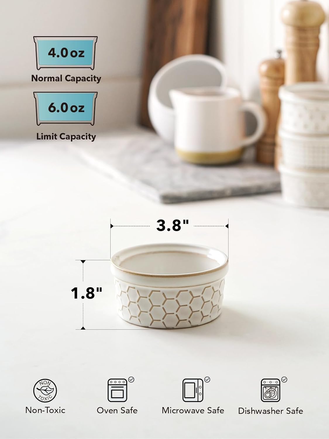 LE TAUCI Ramekins 4 oz Oven Safe for Creme Brulee, Charcuterie Boards Bowls for Souffle, Small Sauce Bowl, Ceramic Baking Dishes - 3.8 inch, Set of 4, Arctic White