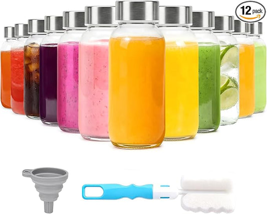 8 oz Glass Water Bottles with Lids, 12 Pack Small Glass Juice Bottles with Stainless Steel Caps & Funnel, Leak-Proof Containers for Juicing, Milk, Ginger Shots, Smoothies, Wellness Drinks