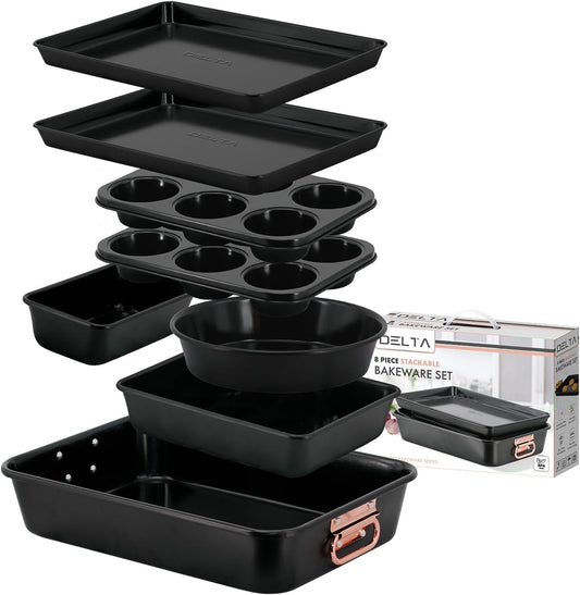 Nonstick Ceramic Bakeware Set – 8 Piece Baking Pans Set, Oven Safe to 450°F, Includes Muffin Pans, Cookie Sheets, Loaf, Roaster, Round & Square Pans, BPA-Free