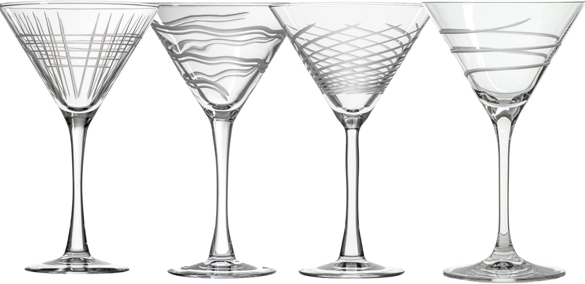 Rolf Glass Symmetry Martini Cocktail Glass | 10oz Martini Glasses | Lead-Free and Diamond-Wheel Engraved | Mixed Contemporary Designs | Proudly Made in the USA | Set of 4