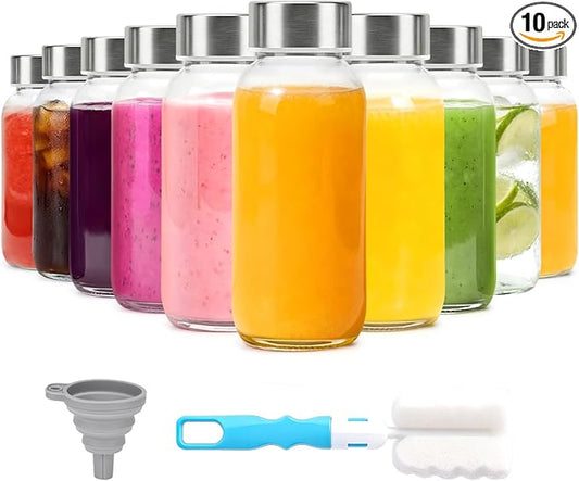 8 oz Glass Water Bottles with Lids, 10 Pack Small Glass Juice Bottles with Stainless Steel Caps & Funnel, Leak-Proof Containers for Juicing, Milk, Ginger Shots, Smoothies, Wellness Drinks