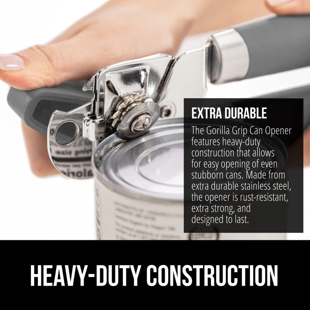 GORILLA GRIP Heavy Duty Stainless Steel Smooth Edge Manual Can Opener and Bottle Openers, Soft Comfortable Handle, Oversized Handheld Turn Knob, US Designed Multifunctional Kitchen Tool, Gray