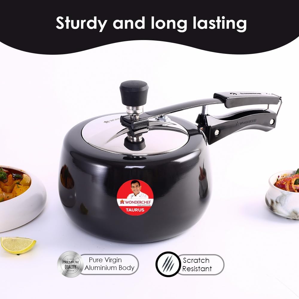Wonderchef Taurus Hard Anodized Inner Lid Pressure cooker, 3 liter, Cool Touch Handles for Durability, Induction Friendly, 5 year warranty, ISI Certified3 LitresBlack